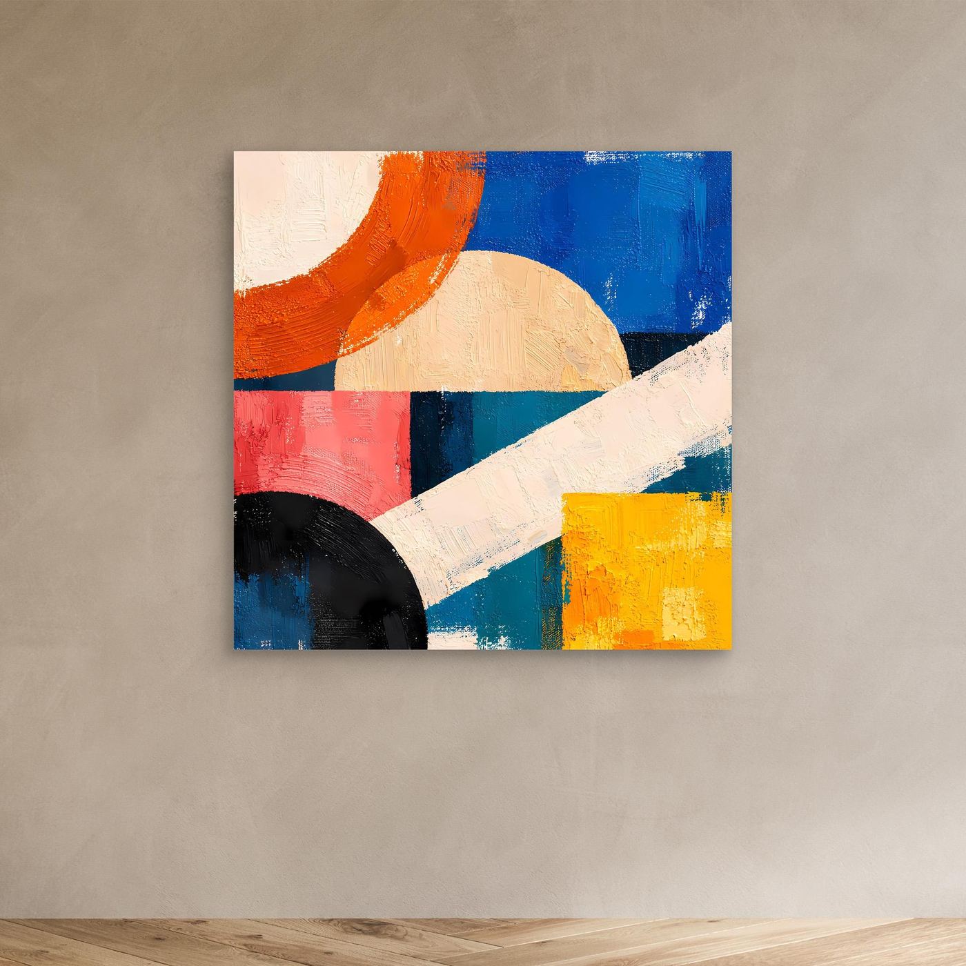 Canvas abstract geometric painting without frame, diagonal white stripe, orange blue yellow