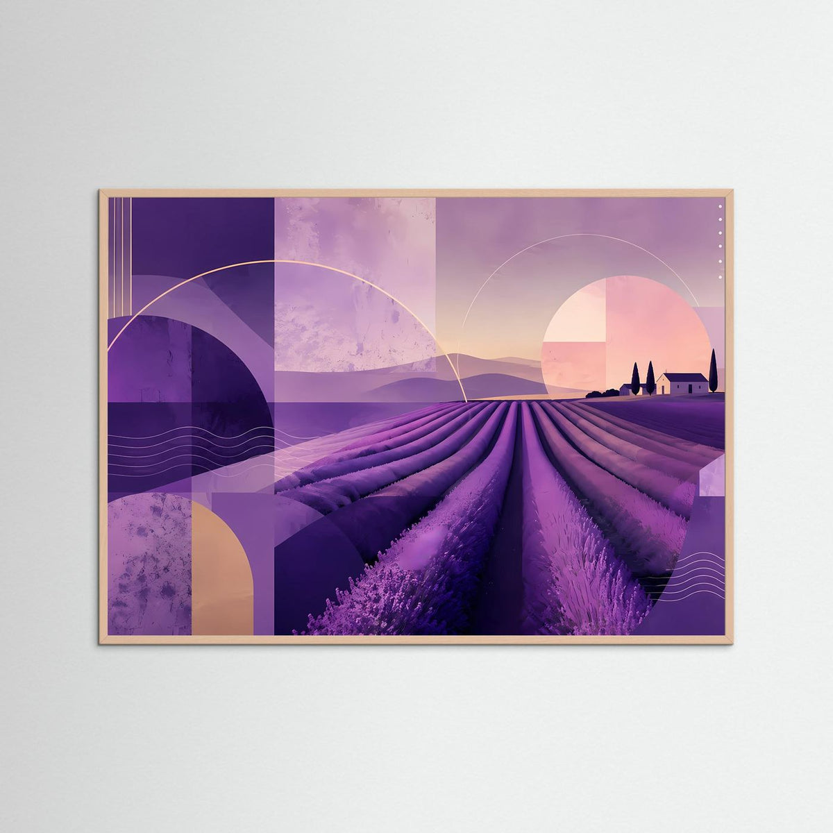 Abstrakte Lavendellandschaft in Violett und Rosa mit Strahlenbögen, warmbrauner Rahmen.