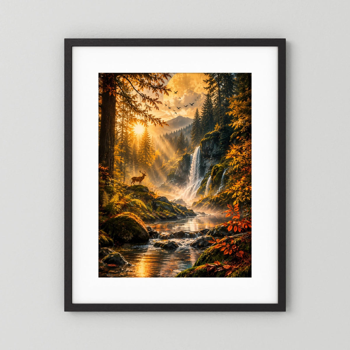 Hochformatiges Herbstposter mit dunklem Rahmen und weißem Rand, Wasserfall und Hirsch