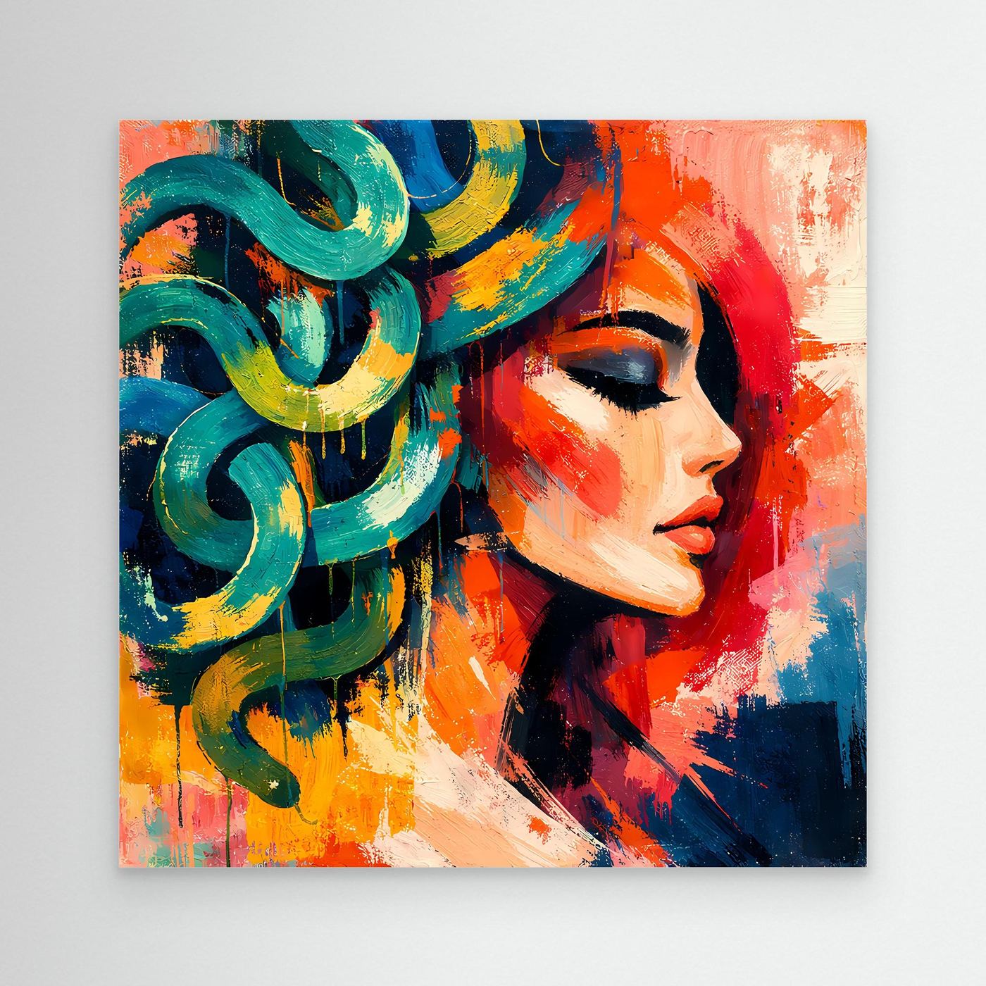 Abstraktes Leinwand-Wandbild mit Medusa-Profil, türkis-gelben Schlangen und rotem Hintergrund