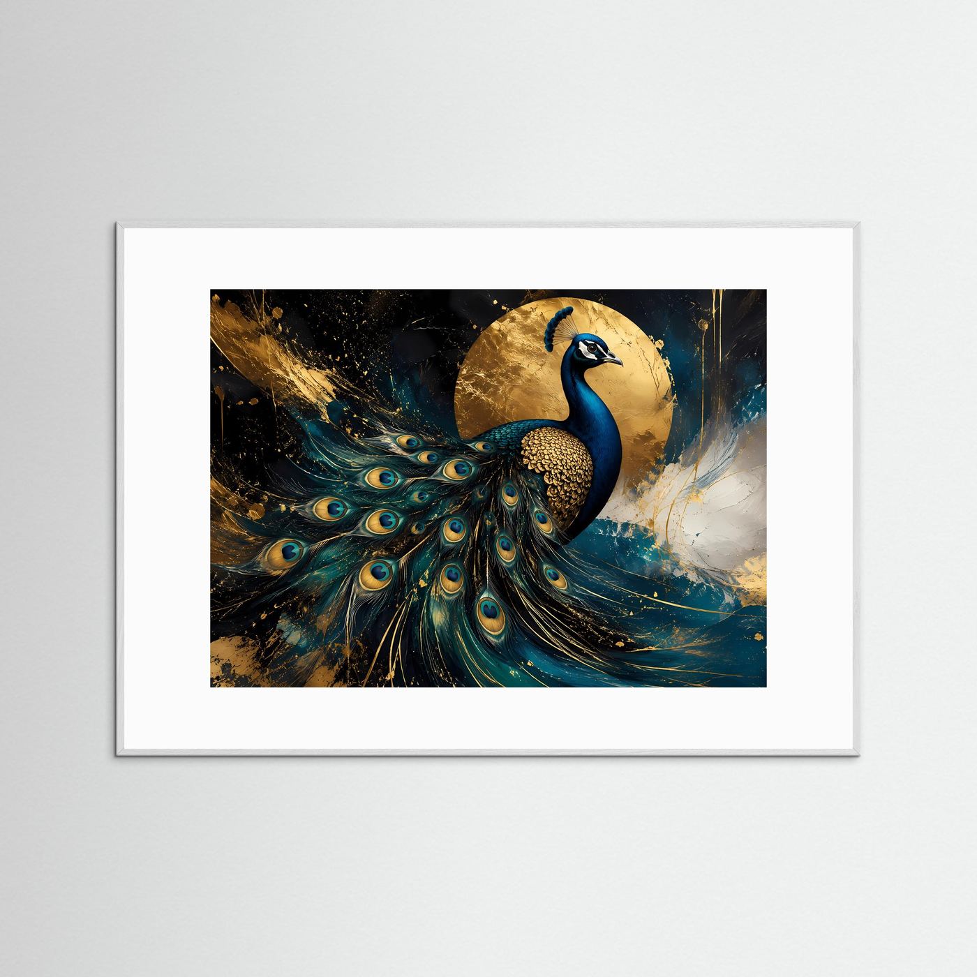 Pfauen-Wandbild im weißen Rahmen mit weißem Rand: Pfau in Blau und Gold