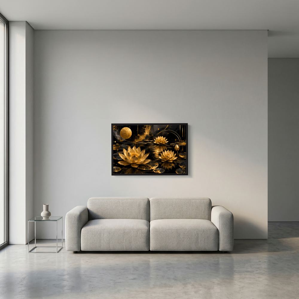 Gerahmtes Wandbild mit goldenen Lotusblüten auf dunklem Wasser, schwarzer Rahmen