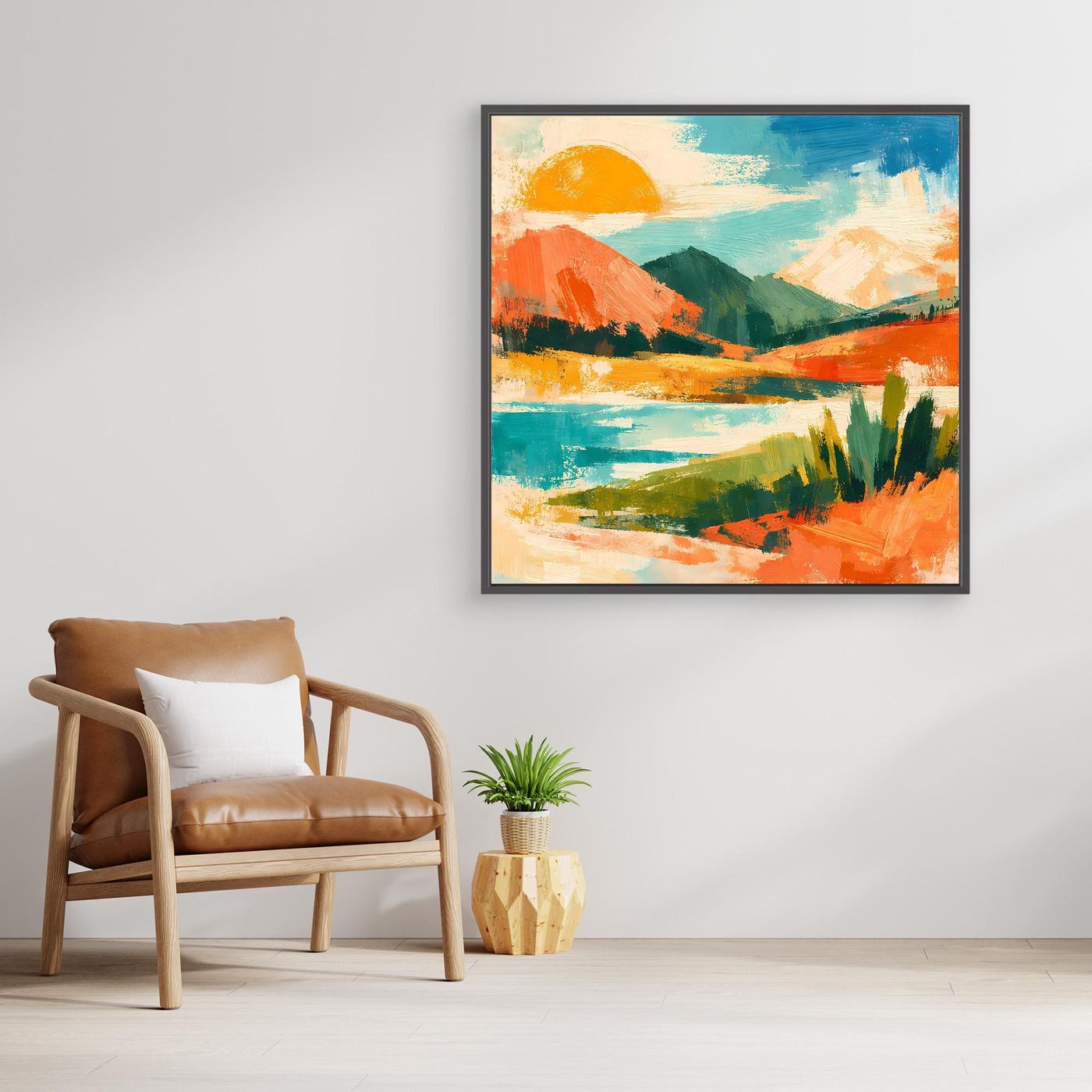 Abstraktes Leinwand-Wandbild mit Sonne über See, Hügeln und bunten Pinselstrichen, mit dunklem Rahmen