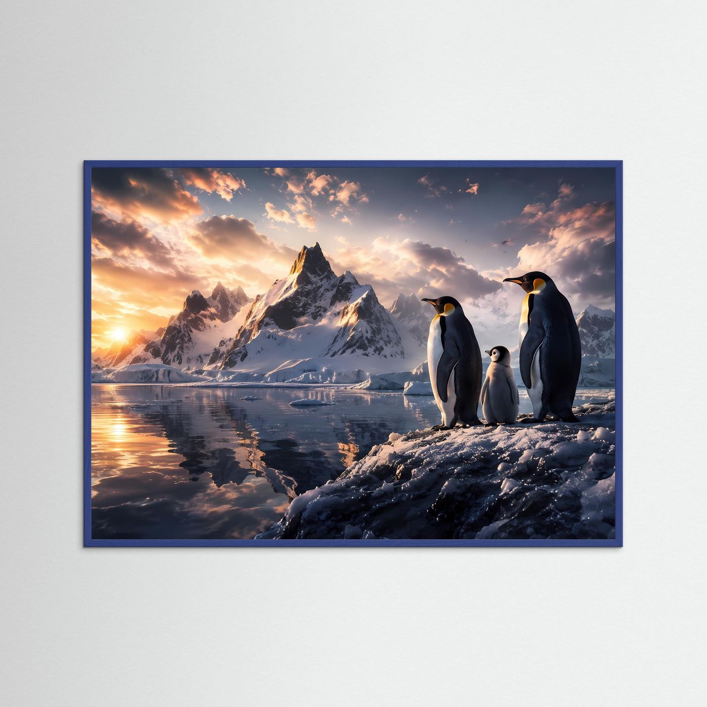 Pinguinfamilie in der Antarktis bei Sonnenuntergang | Natur & Tier Poster