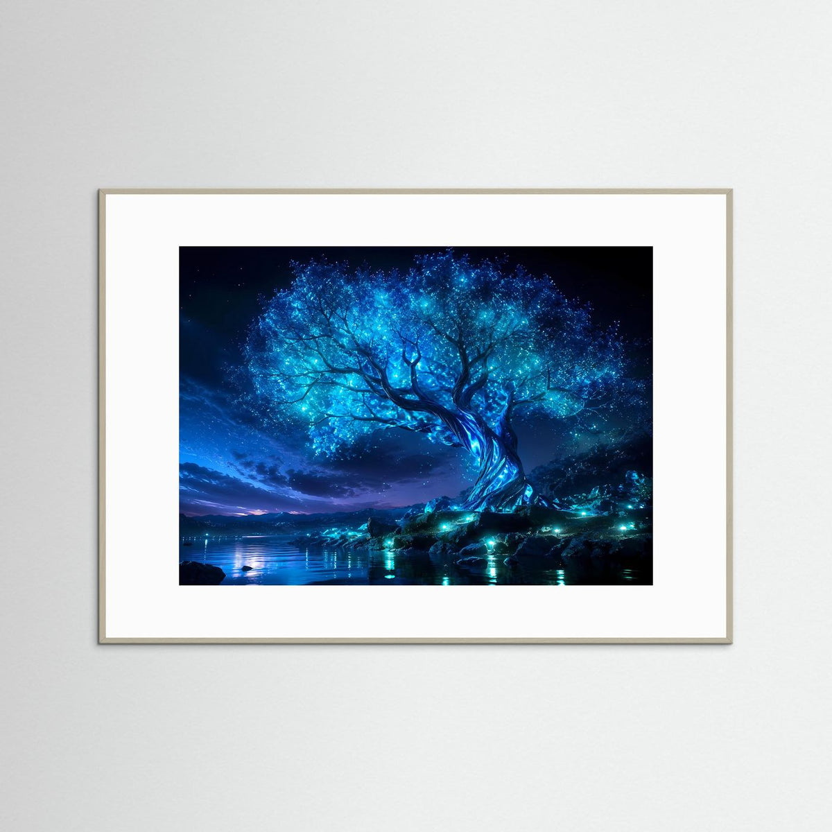 Gerahmtes Kunstbild mit leuchtendem blauem Lebensbaum im goldenen Holzrahmen