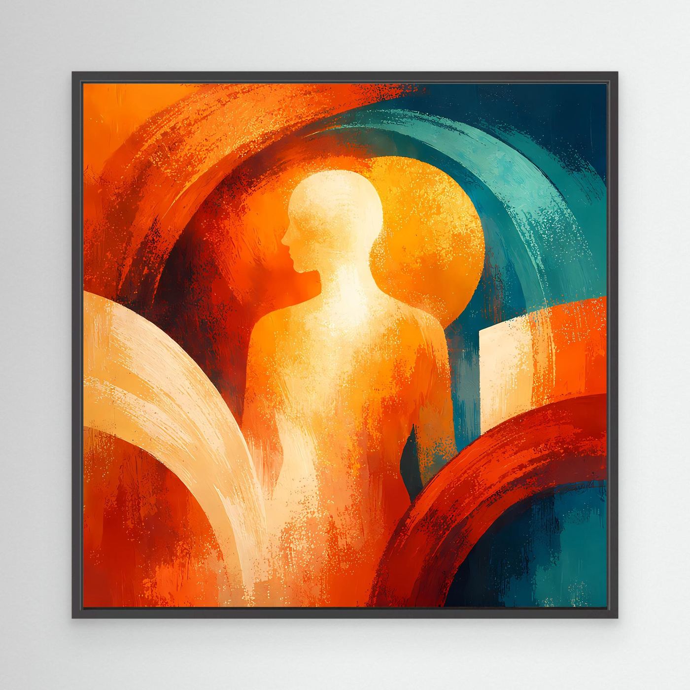 Abstraktes Wandbild mit Figur und orange-blauem Halbkreis, im schwarzen Rahmen
