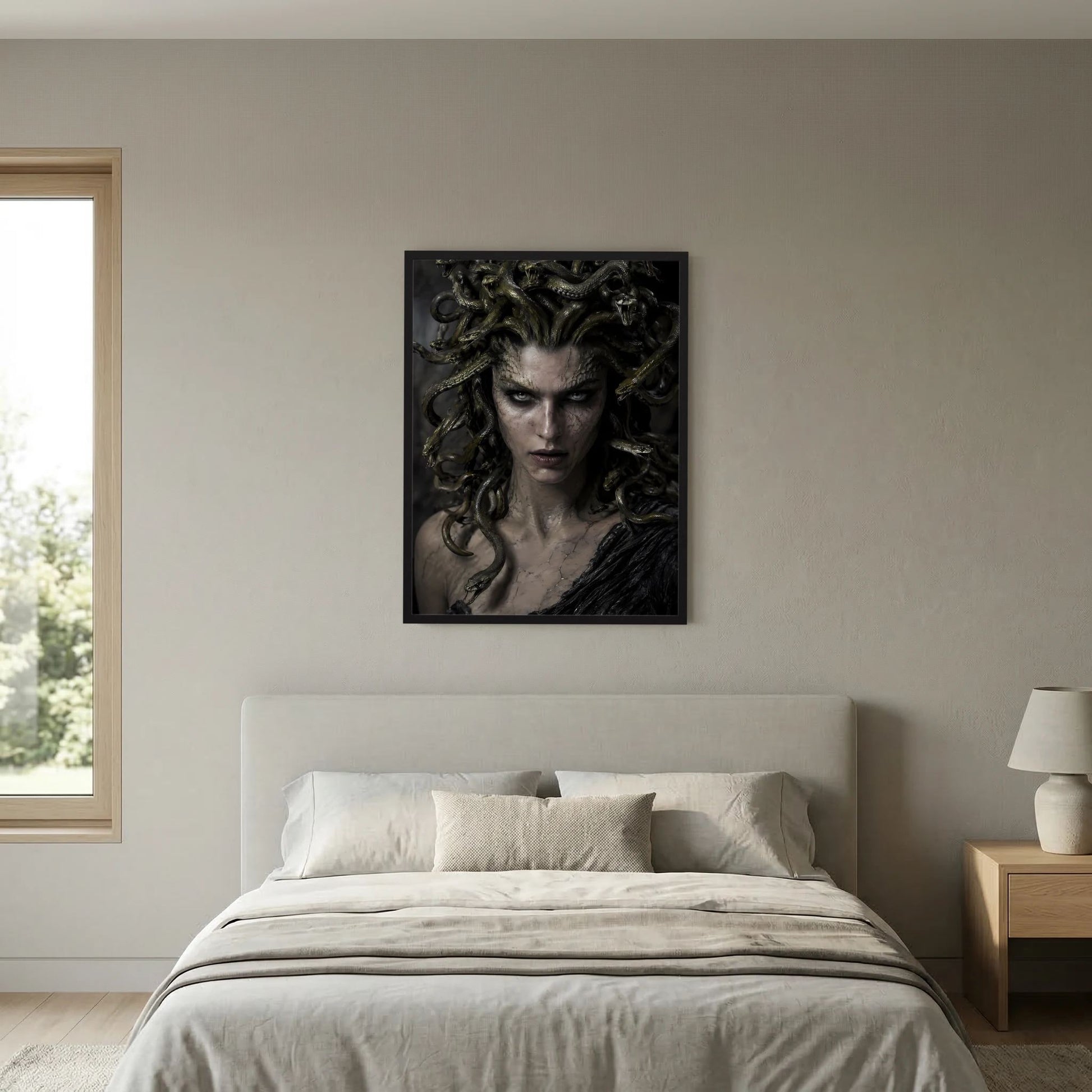 Fantasy-Poster mit Medusa: Porträt einer Frau mit Schlangenhaaren, schwarz-graue Darstellung