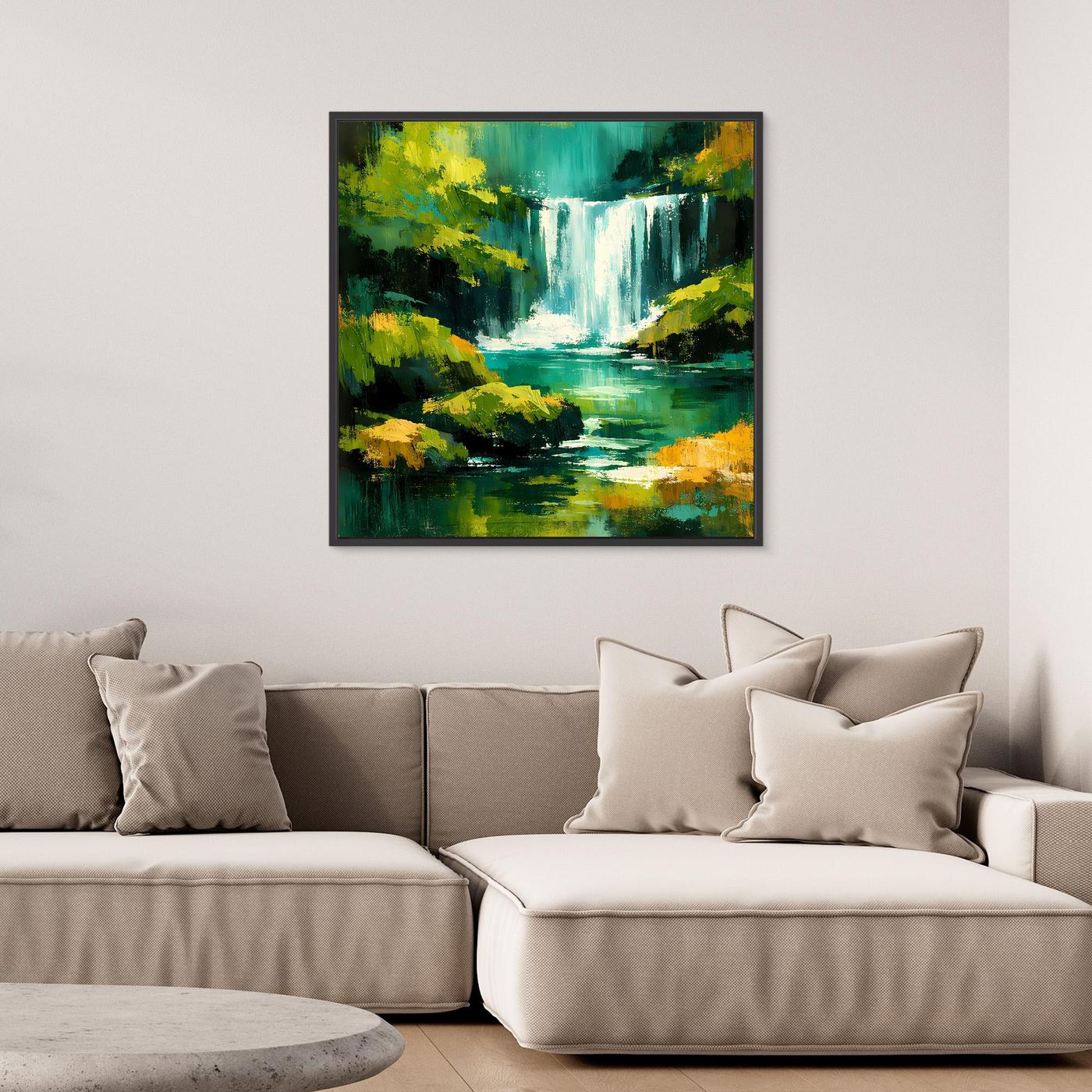 Leinwandbild mit abstraktem Wasserfall im Dschungel, schwarzer Rahmen.