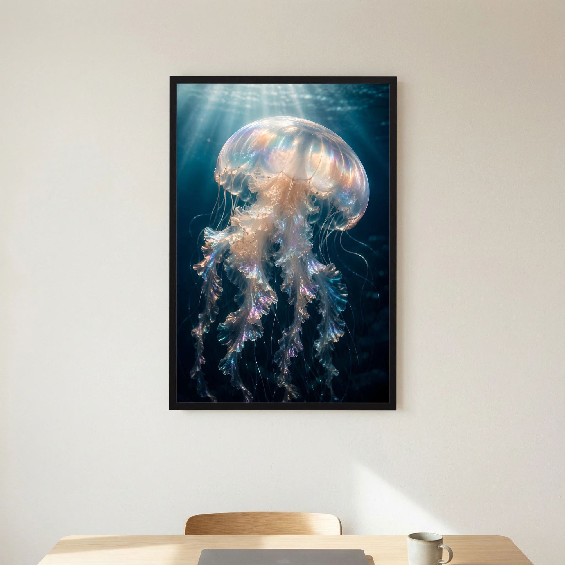 Kunstposter im Hochformat mit leuchtender Qualle, schwarz eingefasst