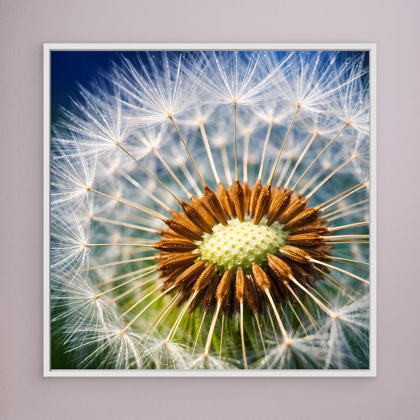 Leinwandbild mit Pusteblume im Makro, weiß gerahmt