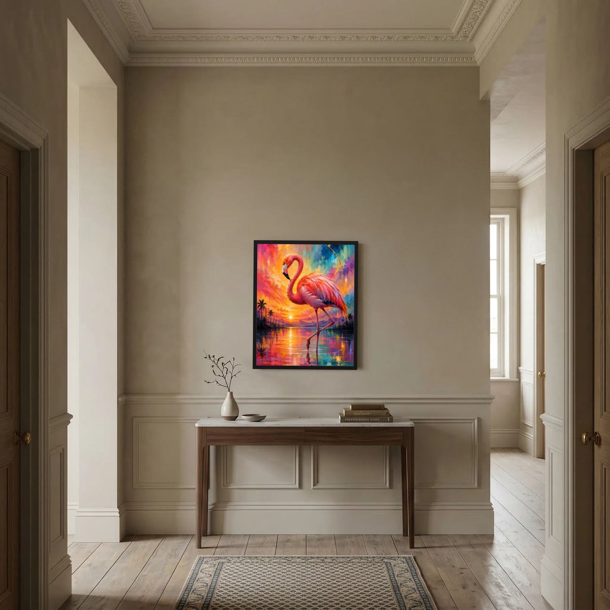 Kunstposter mit Flamingo in Pink und Türkis, Sonnenaufgangsfarben und Spiegelung