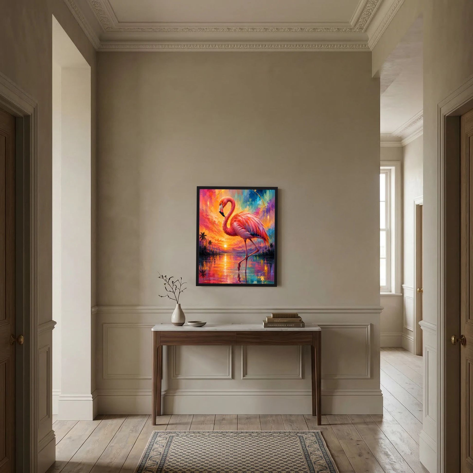 Kunstposter mit Flamingo in Pink und Türkis, Sonnenaufgangsfarben und Spiegelung
