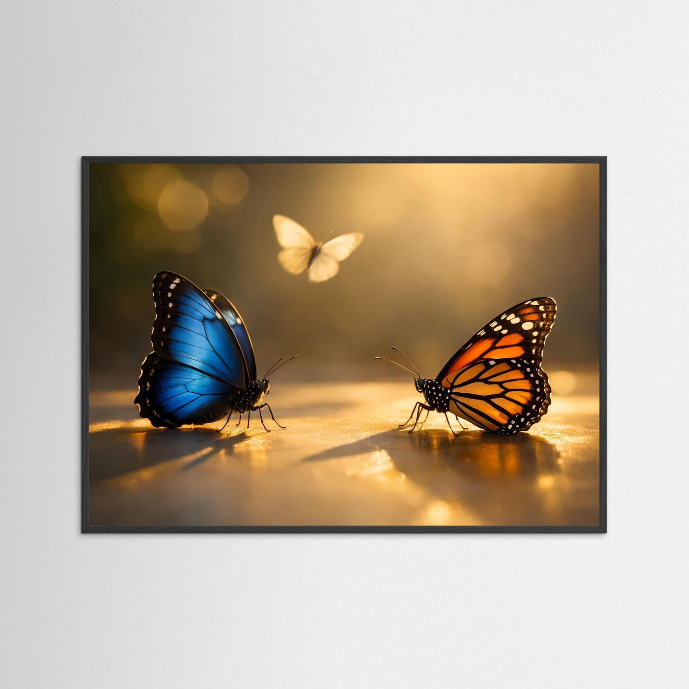 Poster im Querformat mit blauem und orangefarbenem Schmetterling, schwarzer Rahmen
