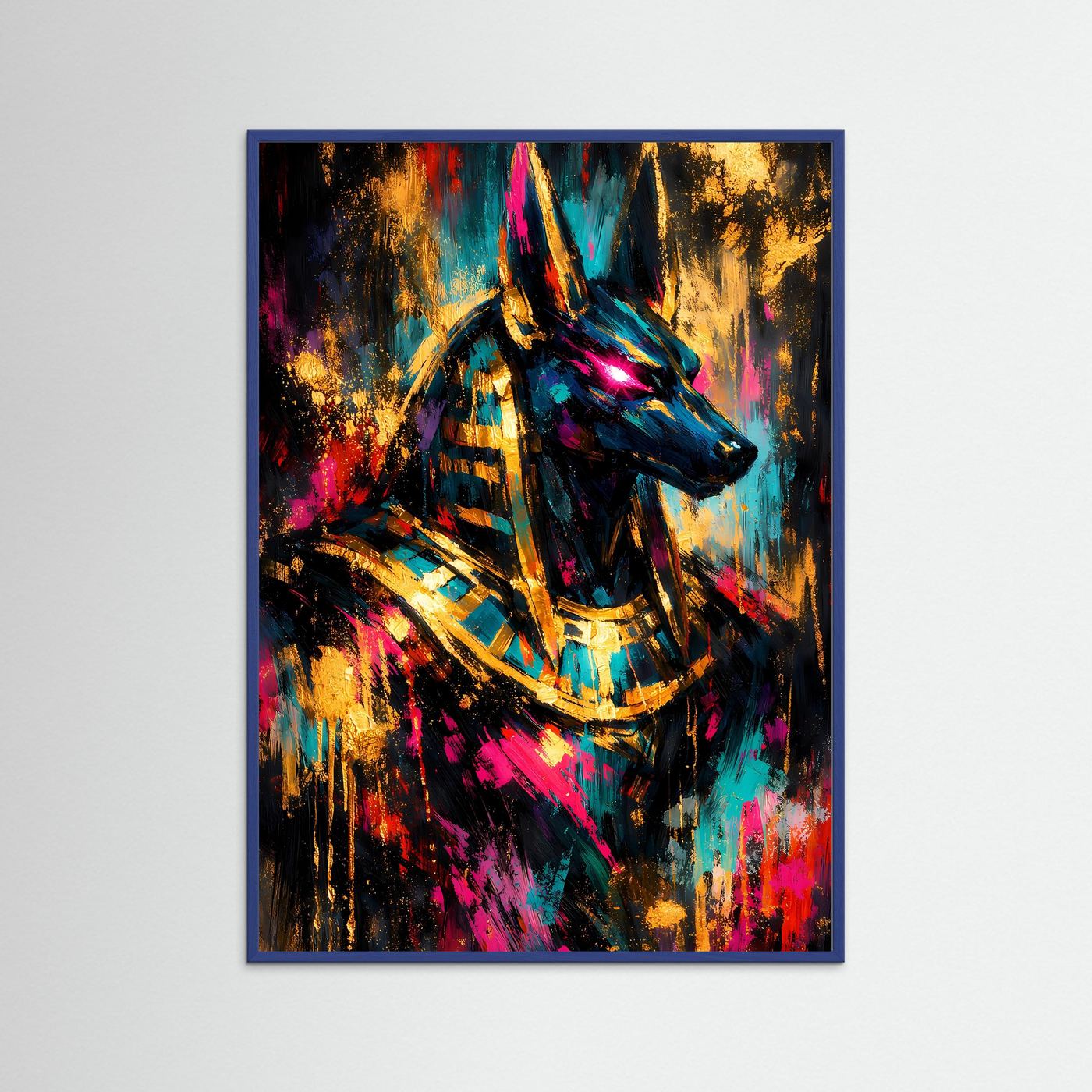 Ägyptisches Anubis-Poster mit blauem Rahmen, blau-schwarzer Anubisfigur und goldenen Ornamenten