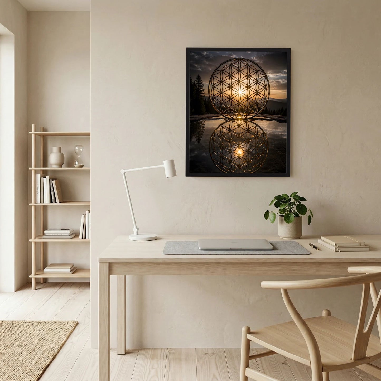 Wandposter mit goldener Blume-des-Lebens-Kugel und Spiegelung