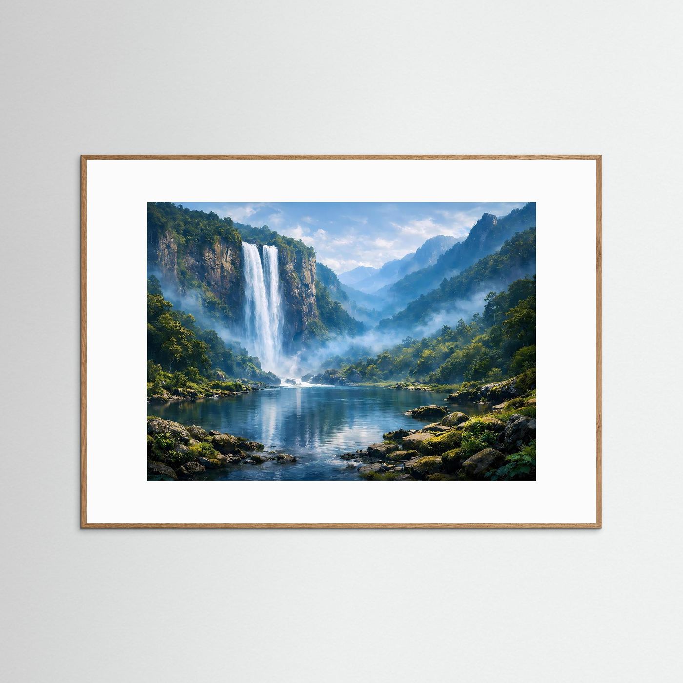 Poster-Wandbild mit Wasserfall im Bergwald, naturfarbener Holzrahmen