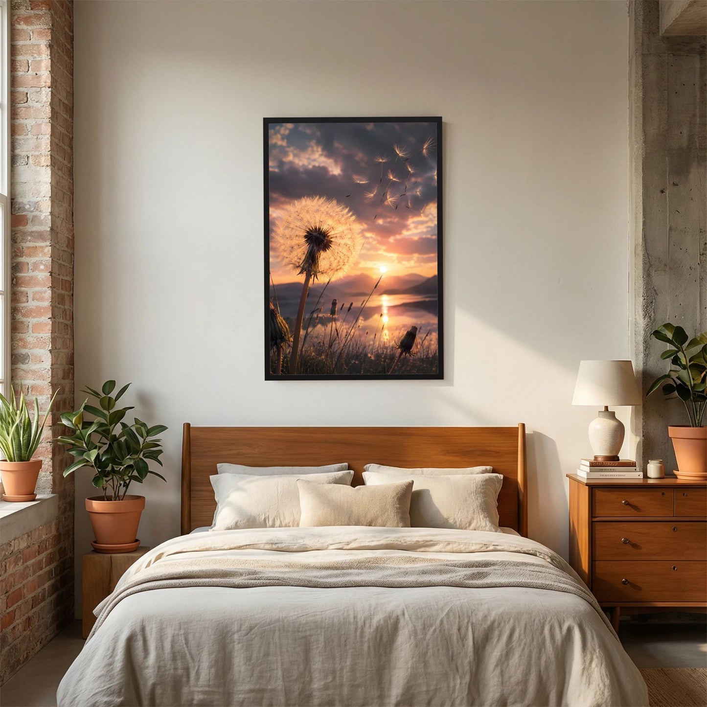 Hochformat-Poster mit Pusteblumenfeld und Sonnenuntergang, schwarz gerahmt