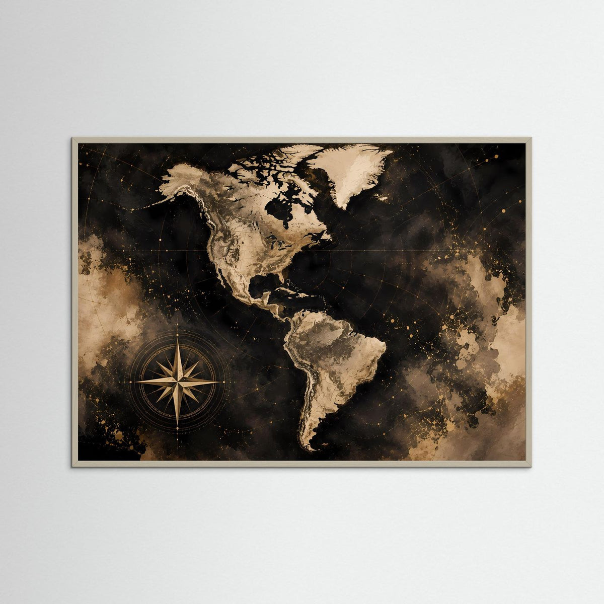 Gerahmtes Poster Weltkarte Amerika in Schwarz und Gold mit Kompassrose, Querformat.