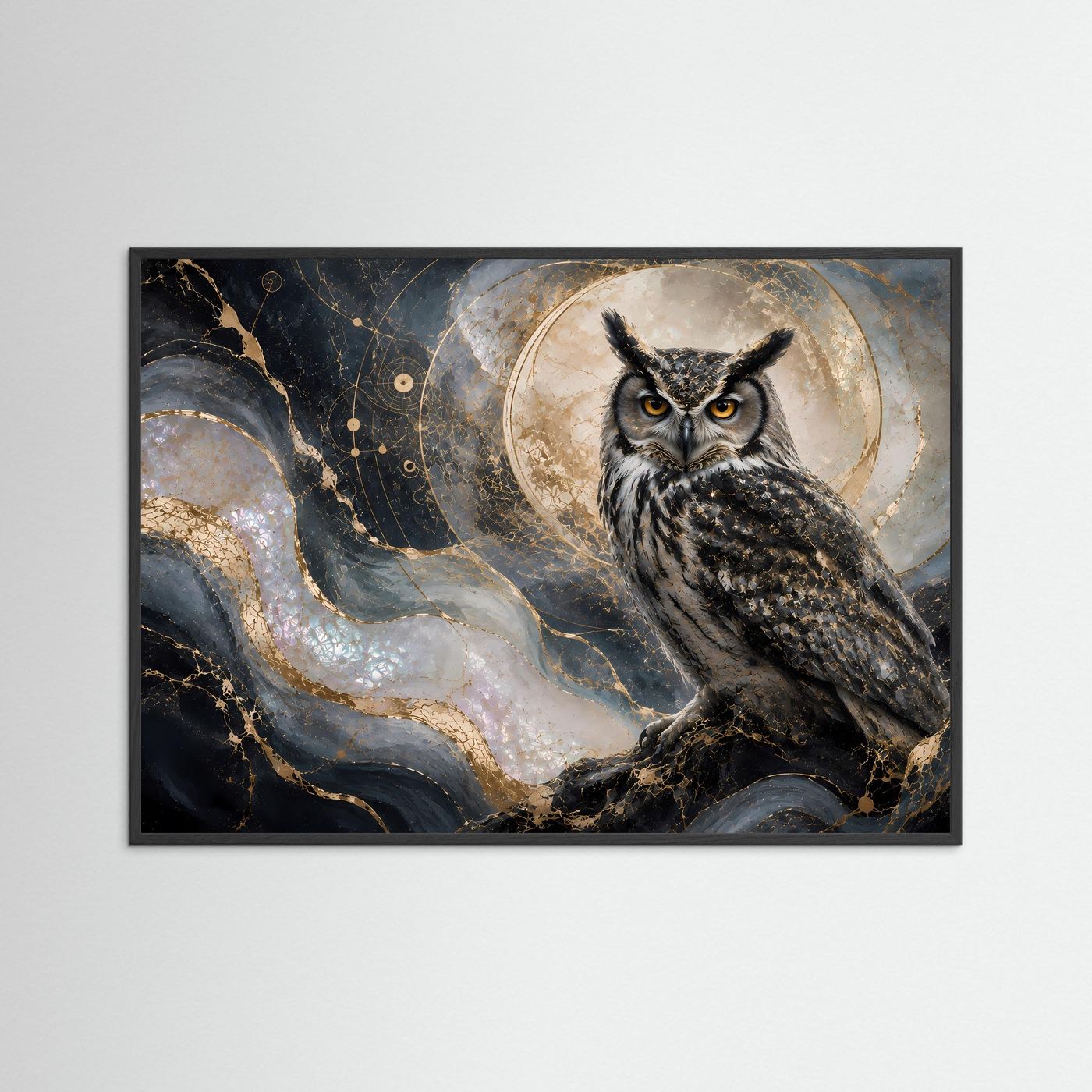 Wandbild-Poster Querformat mit Eule im Mondlicht im schwarzen Rahmen