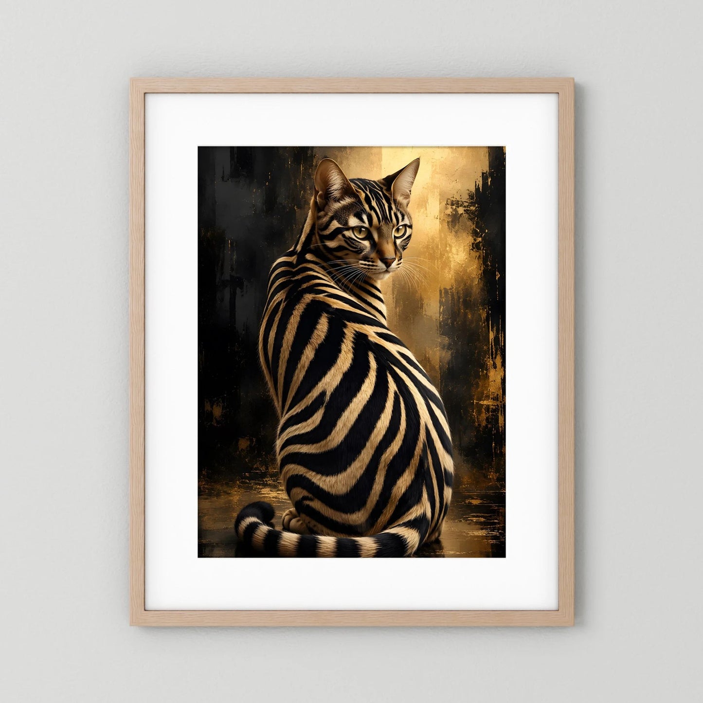 Poster Zebra-Katze in Schwarz-Gold, im hellen Holzrahmen mit weißem Rand