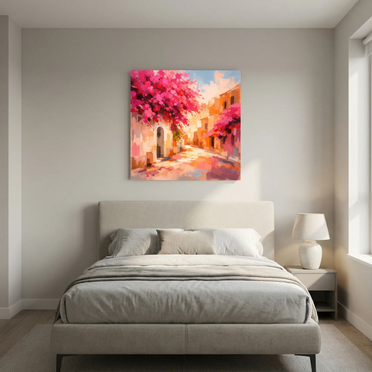 Abstraktes Leinwandbild: mediterrane Gasse mit rosa Blüten und orangefarbenen Fassaden