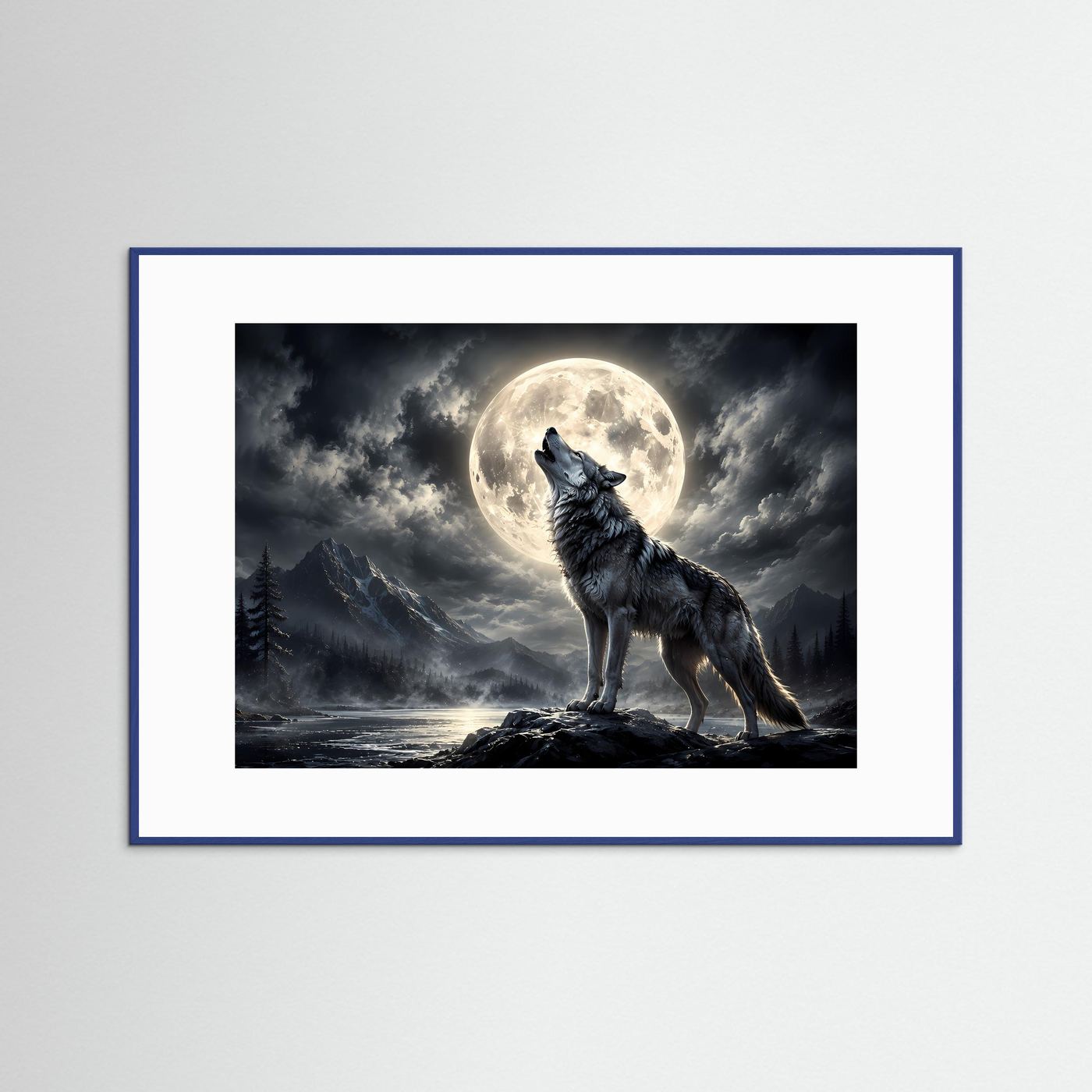 Wolf-Wandbild mit heulendem Wolf vor Vollmond, dunkle Waldszene, blauer Rahmen