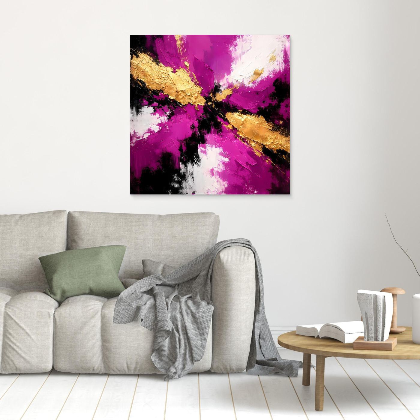 Leinwand Abstraktes Farbenspiel in Magenta und Gold | Modernes Expressives Wandbild