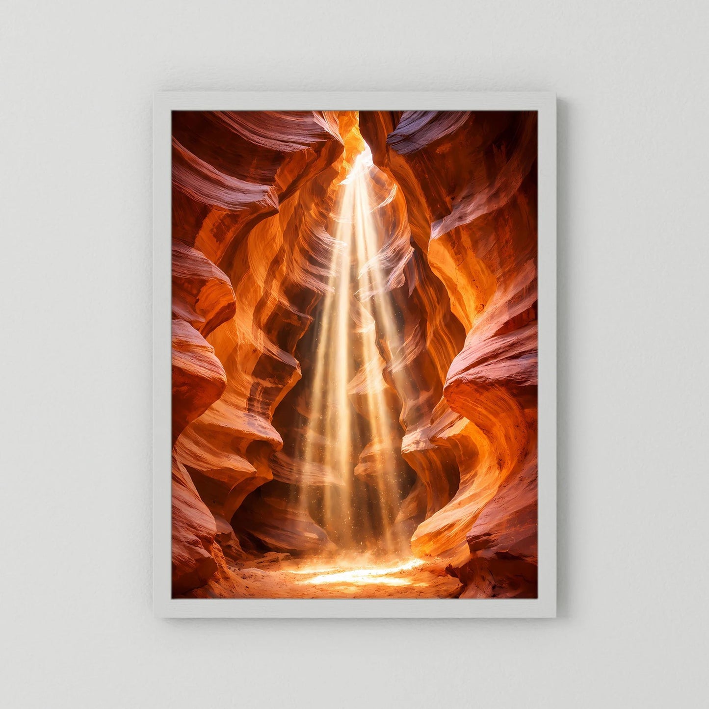 Canyon-Poster im Hochformat mit leuchtendem Strudel in Orange und Gold, weißer Rahmen