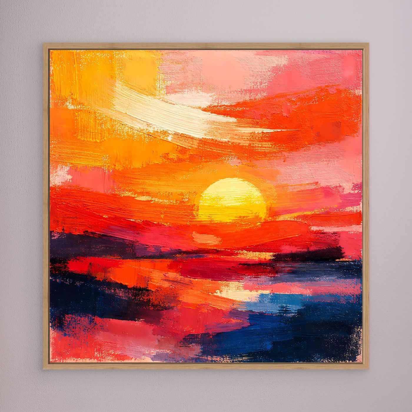 Abstract sunset seascape canvas wall art, light wood frame; orange, pink, and dark blue