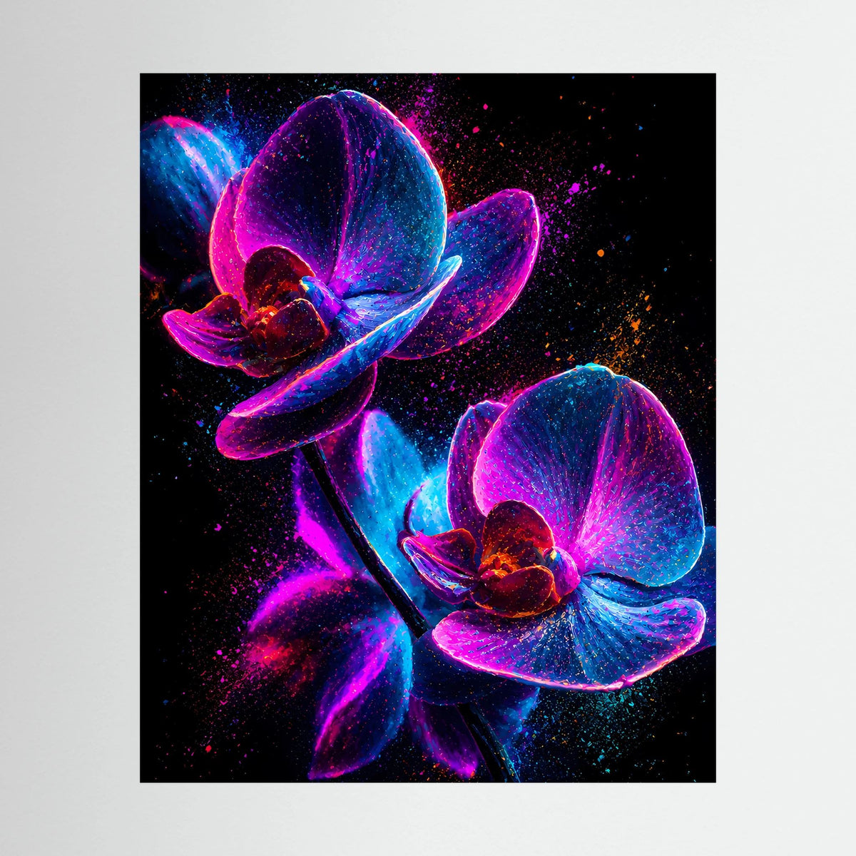 Leuchtendes Orchideen-Blumenposter im Hochformat mit pink-blauen Blüten auf schwarzem Grund
