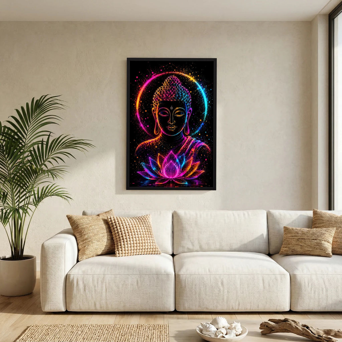 Leuchtendes Buddha-Neonposter mit Lotussymbol, schwarzer Rahmen