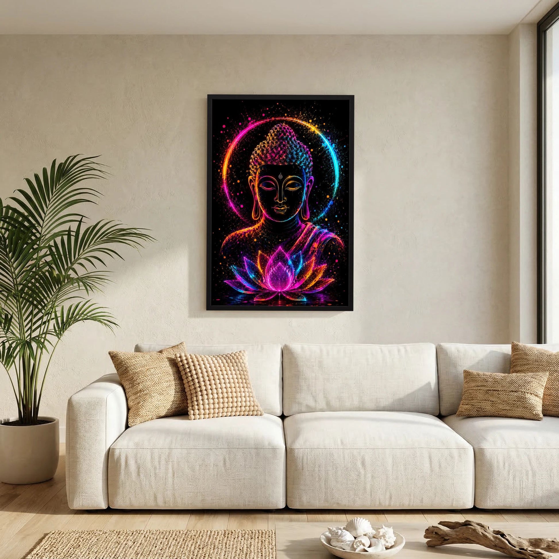 Leuchtendes Buddha-Neonposter mit Lotussymbol, schwarzer Rahmen