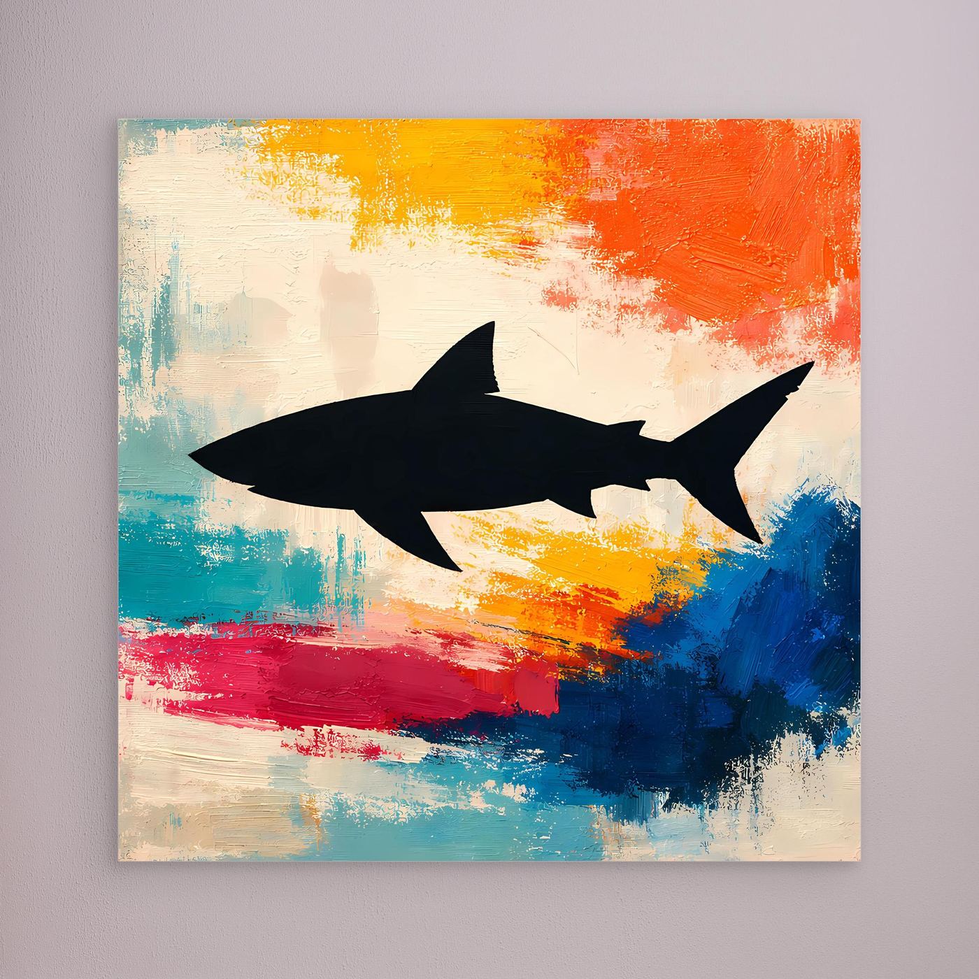 Leinwand Minimalistische Hai-Silhouette im Farbenmeer | Abstraktes Pop-Art Wandbild