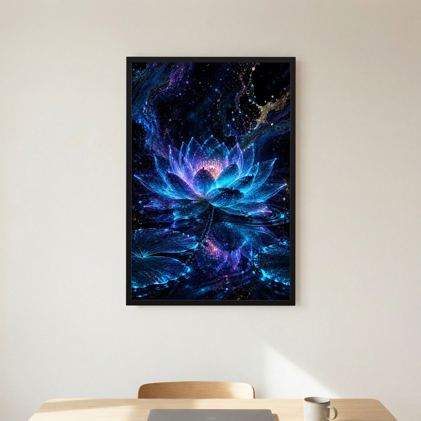 Kunstposter mit leuchtender Lotusblüte in Blau und Türkis im schwarzen Rahmen, quadratische Ansicht.