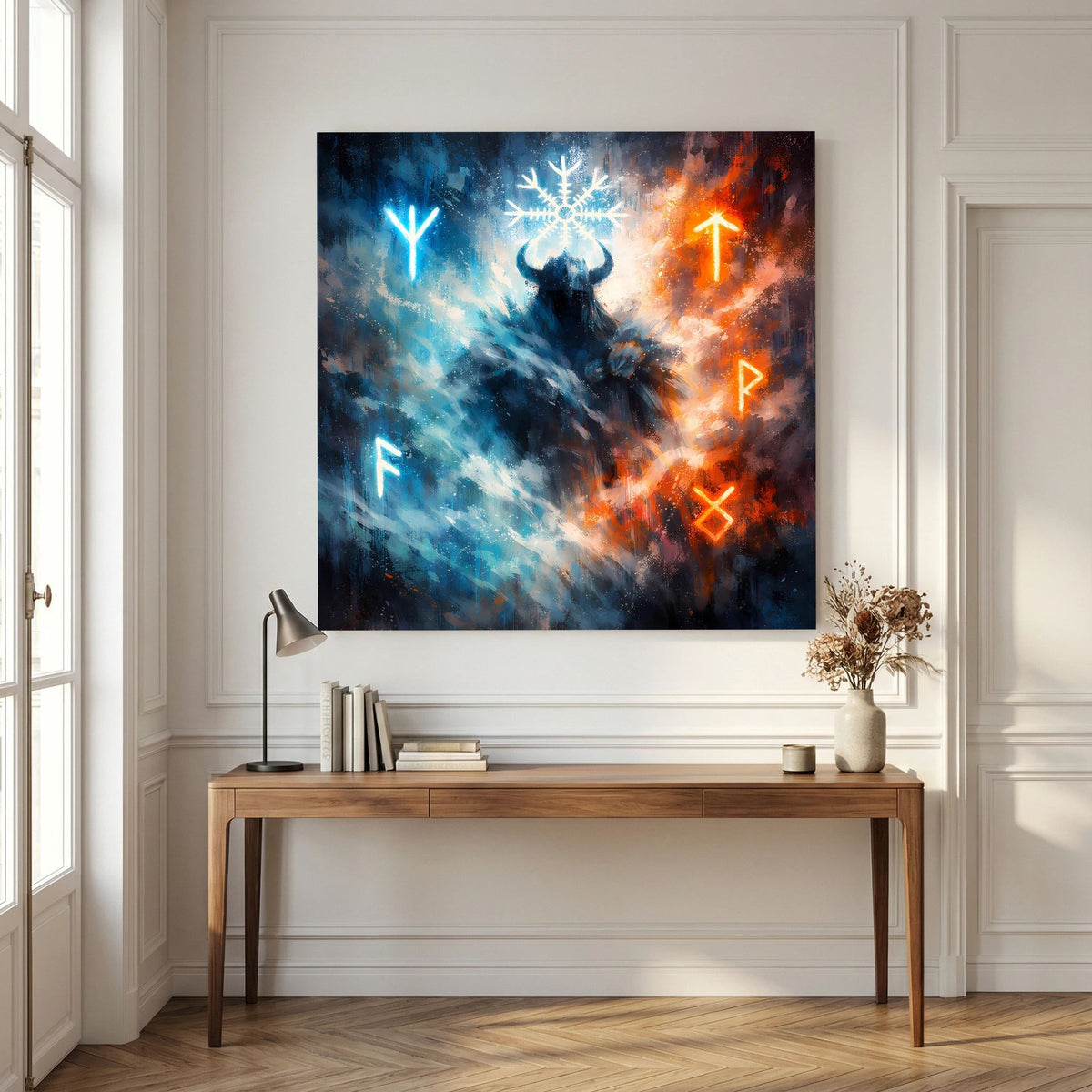 Wandbild auf Leinwand mit Wikingerkrieger und leuchtenden Runen, blau-oranges Farbverlaufmuster
