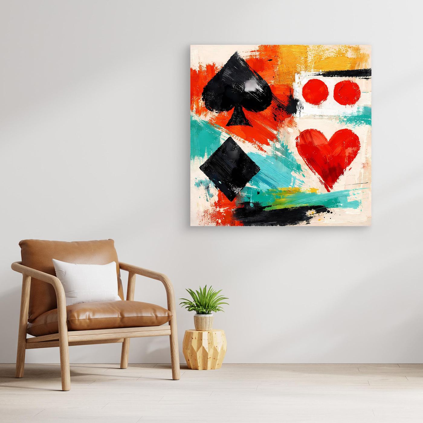 Abstract canvas wall art with spade and heart shapes in bright red, teal and yellow.
