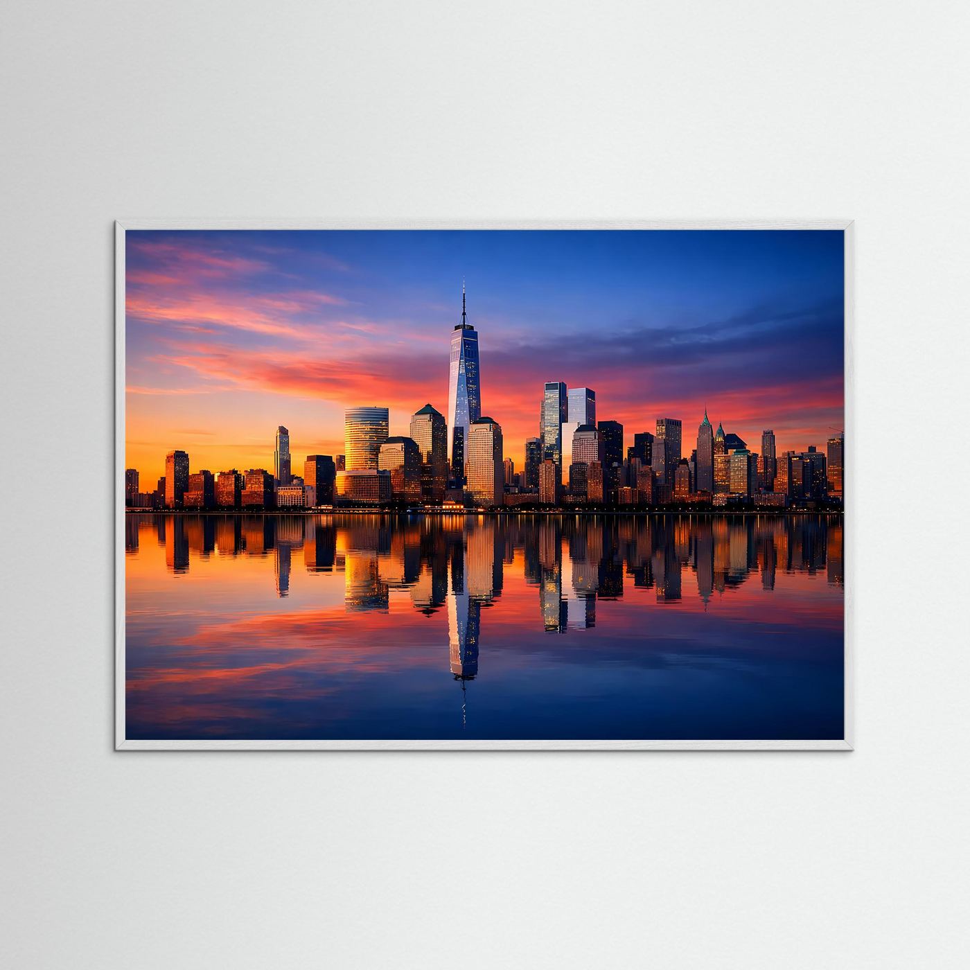 Querformat-Poster Skyline bei Sonnenuntergang mit Spiegelung, im braunen Holzrahmen