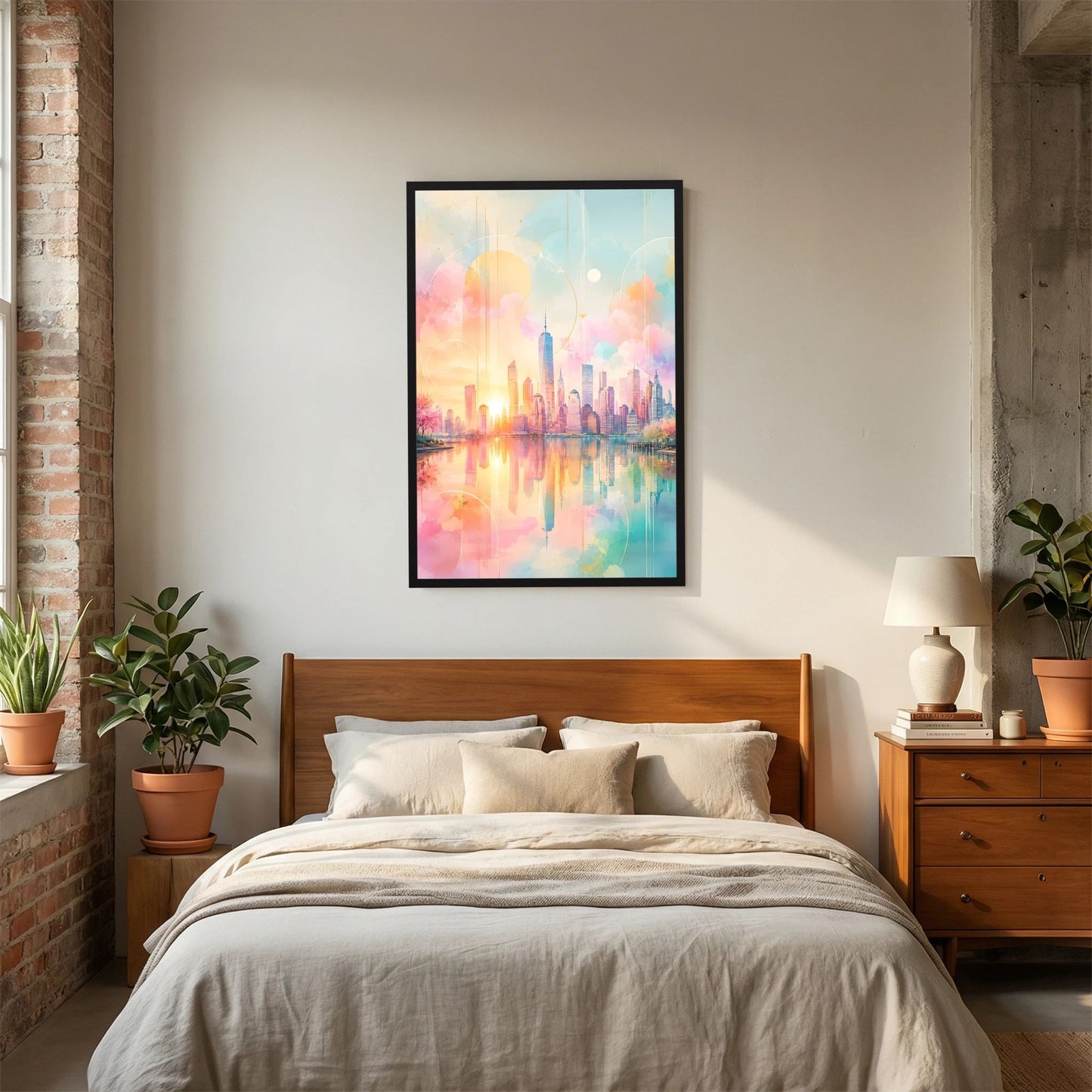 Hochformatiges Kunstposter mit abstrakter Skyline, Pastellrosa und Türkis, schwarzer Rahmen