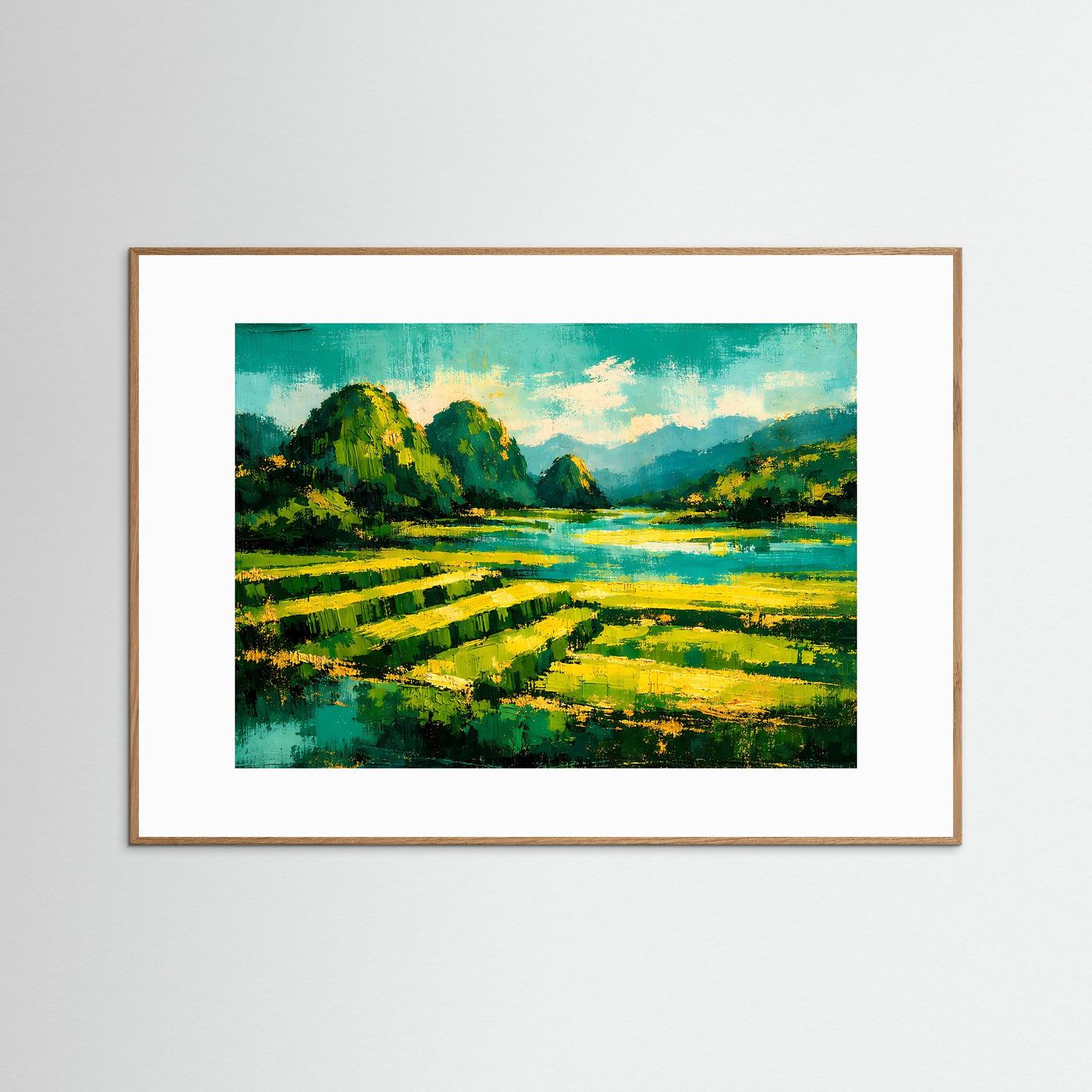Naturposter mit türkisfarbenem Fluss und grünen Reisterrassen, hellbrauner Holzrahmen