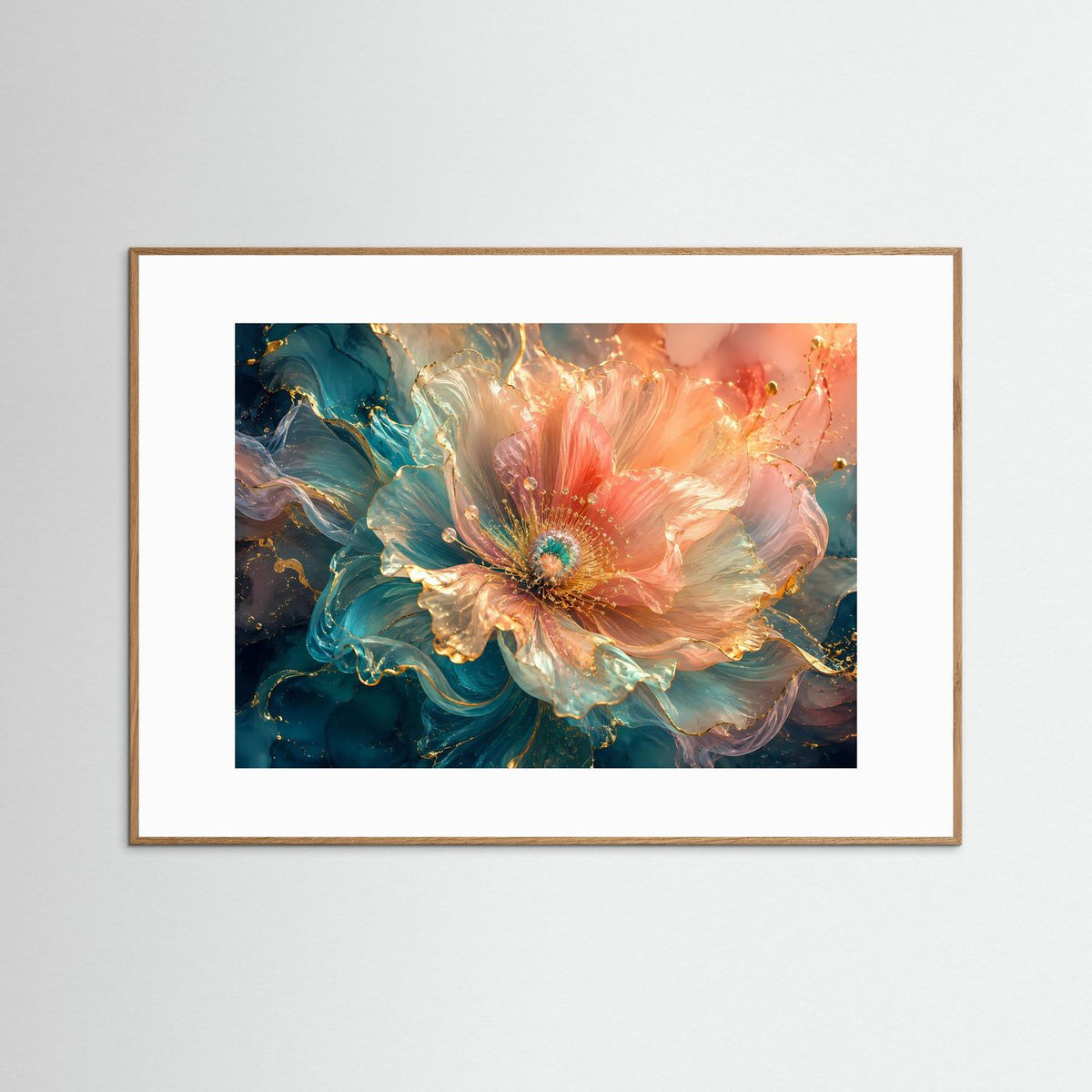 Gerahmtes Kunstbild: abstrakte Blüte in Koralle, Türkis und Gold, Holzrahmen (hell)