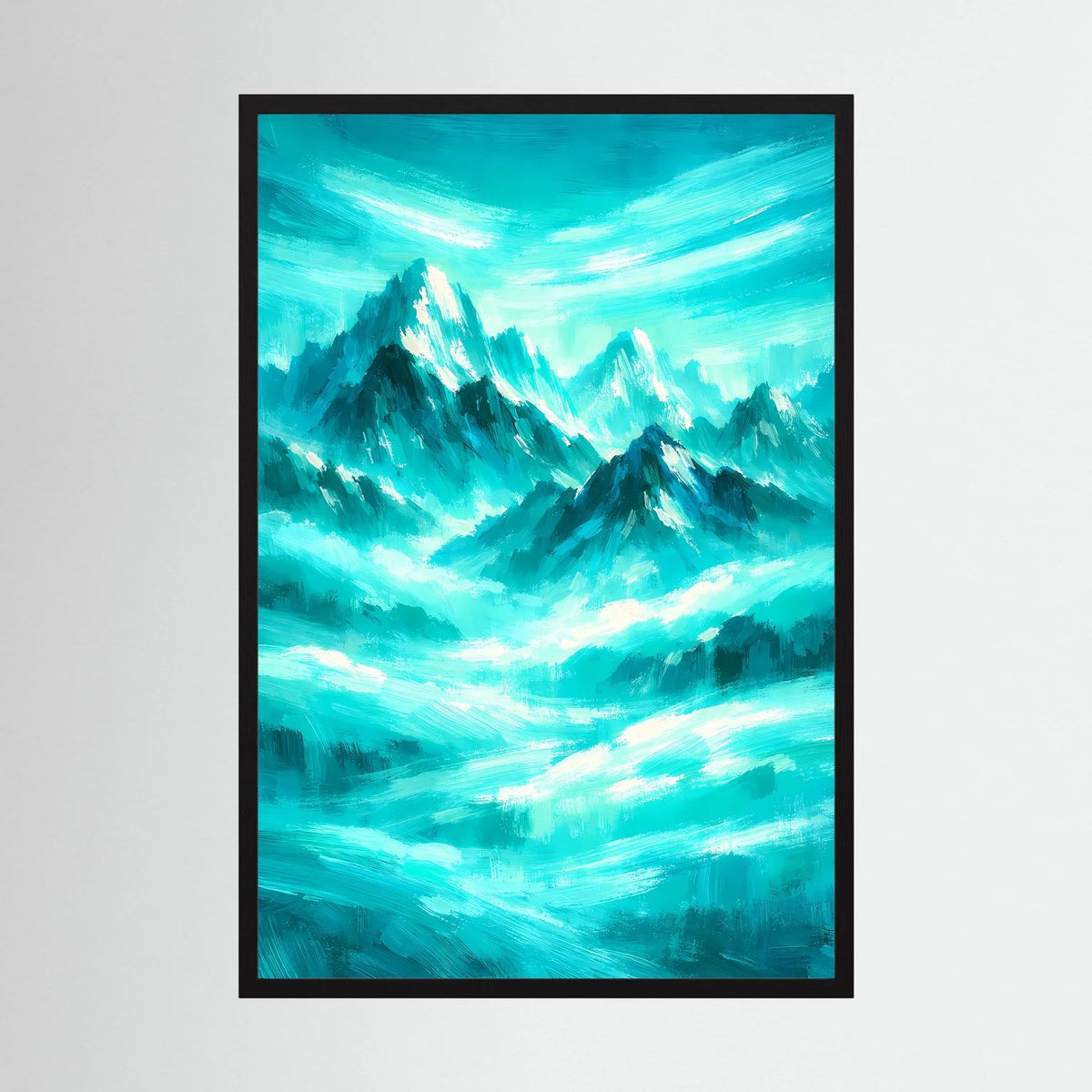 Wandbild im Hochformat mit abstrakter türkiser Berglandschaft und schwarzem Rahmen