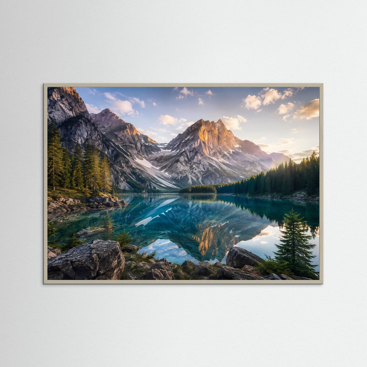 Bergsee-Poster im Querformat mit grauem Holzrahmen und Spiegelung im Bergsee