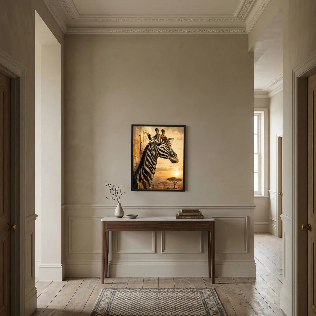 Giraffen-Tierposter im Zebra-Look, gerahmt in Schwarz, Motiv in einer Flurwand-Nische