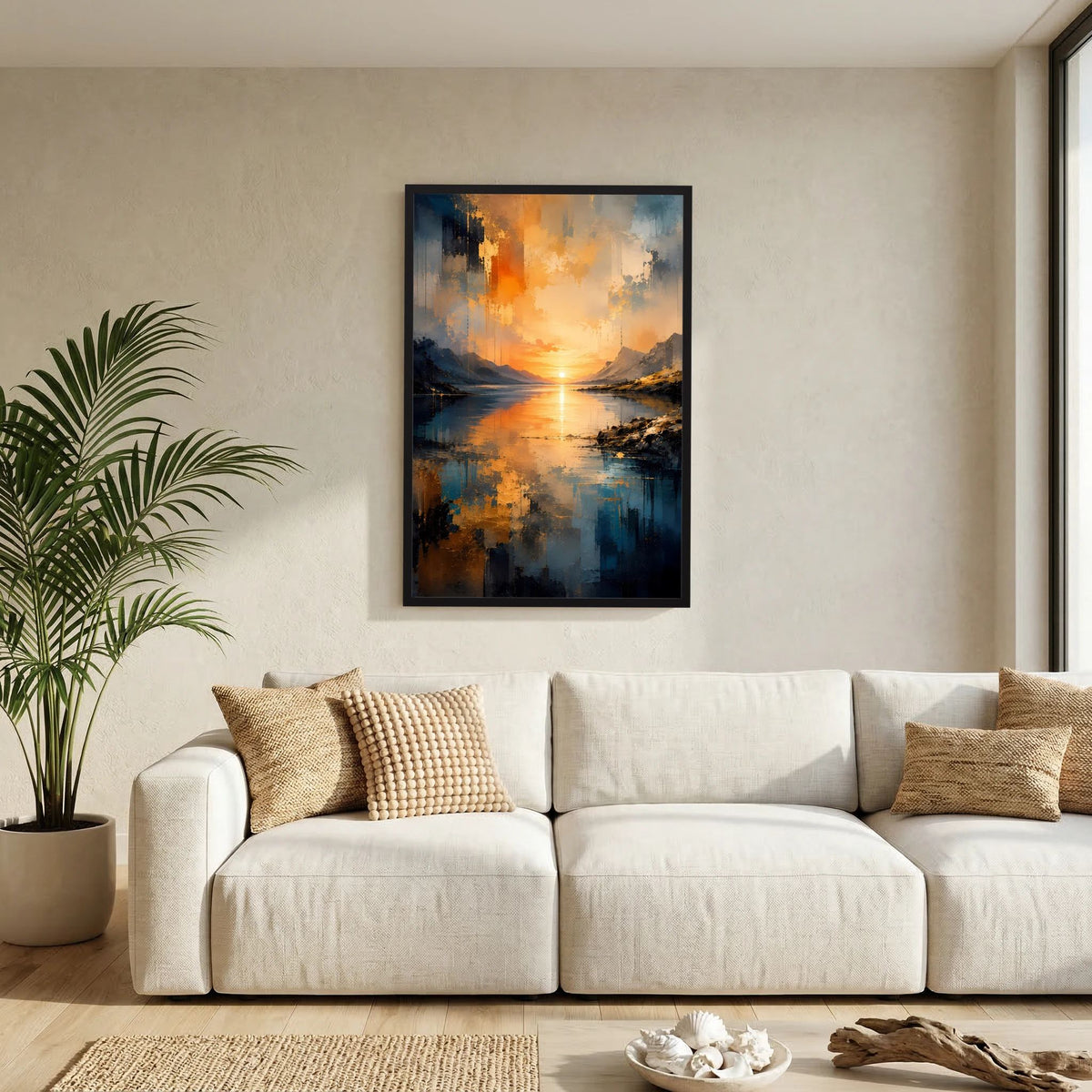 Gerahmtes Hochformat-Poster mit abstraktem See und Bergen, Sonnenuntergang in Blau und Orange