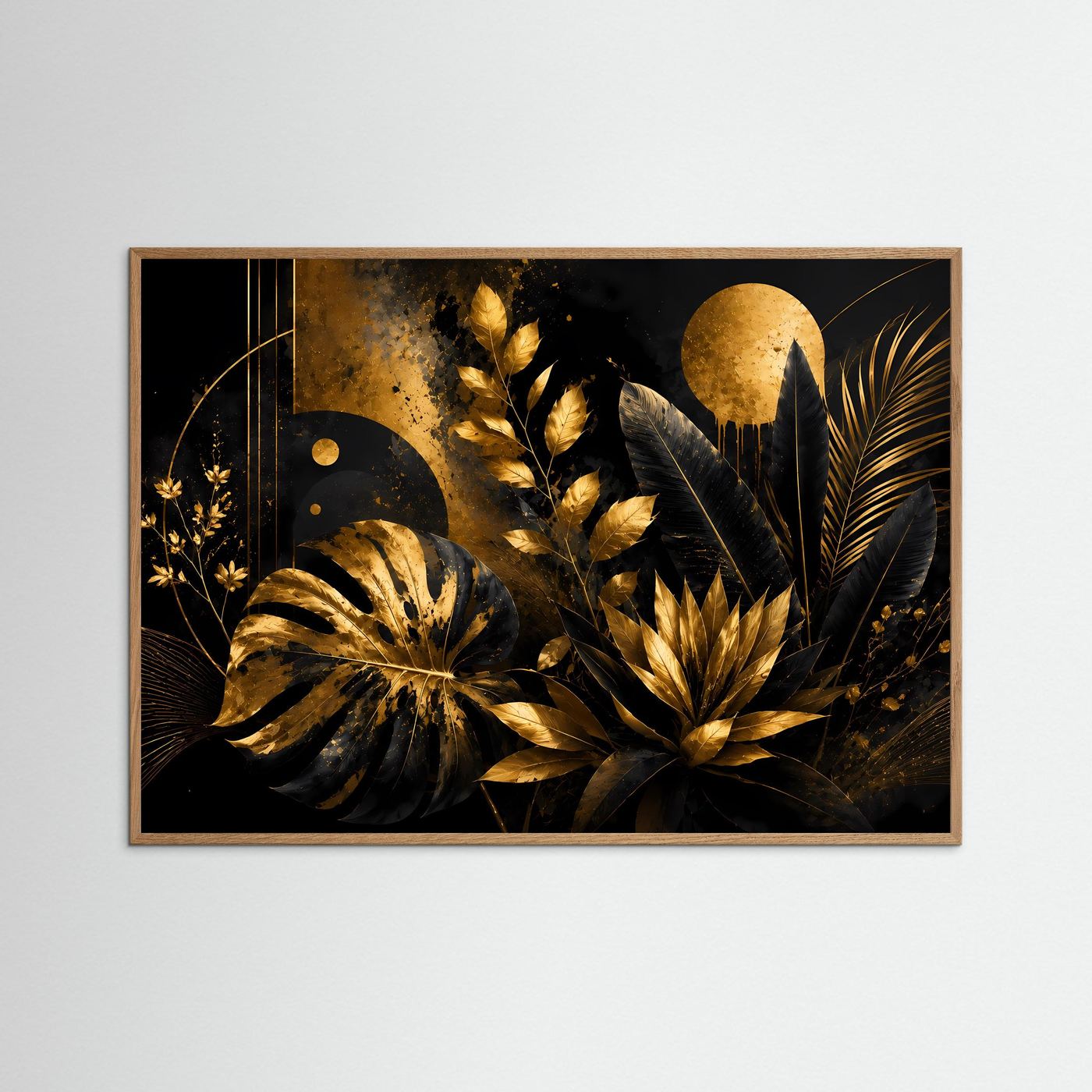 Luxuriöse Tropische Blätter in Schwarz & Gold | Abstrakte Botanische Wandkunst mit Monstera, Palmenblättern und exotischen Pflanzen | Elegantes Premium Wandbild im Querformat