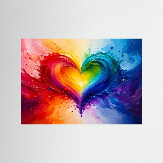 Poster im Querformat mit Regenbogen-Herz aus abstrakten Farbspritzern