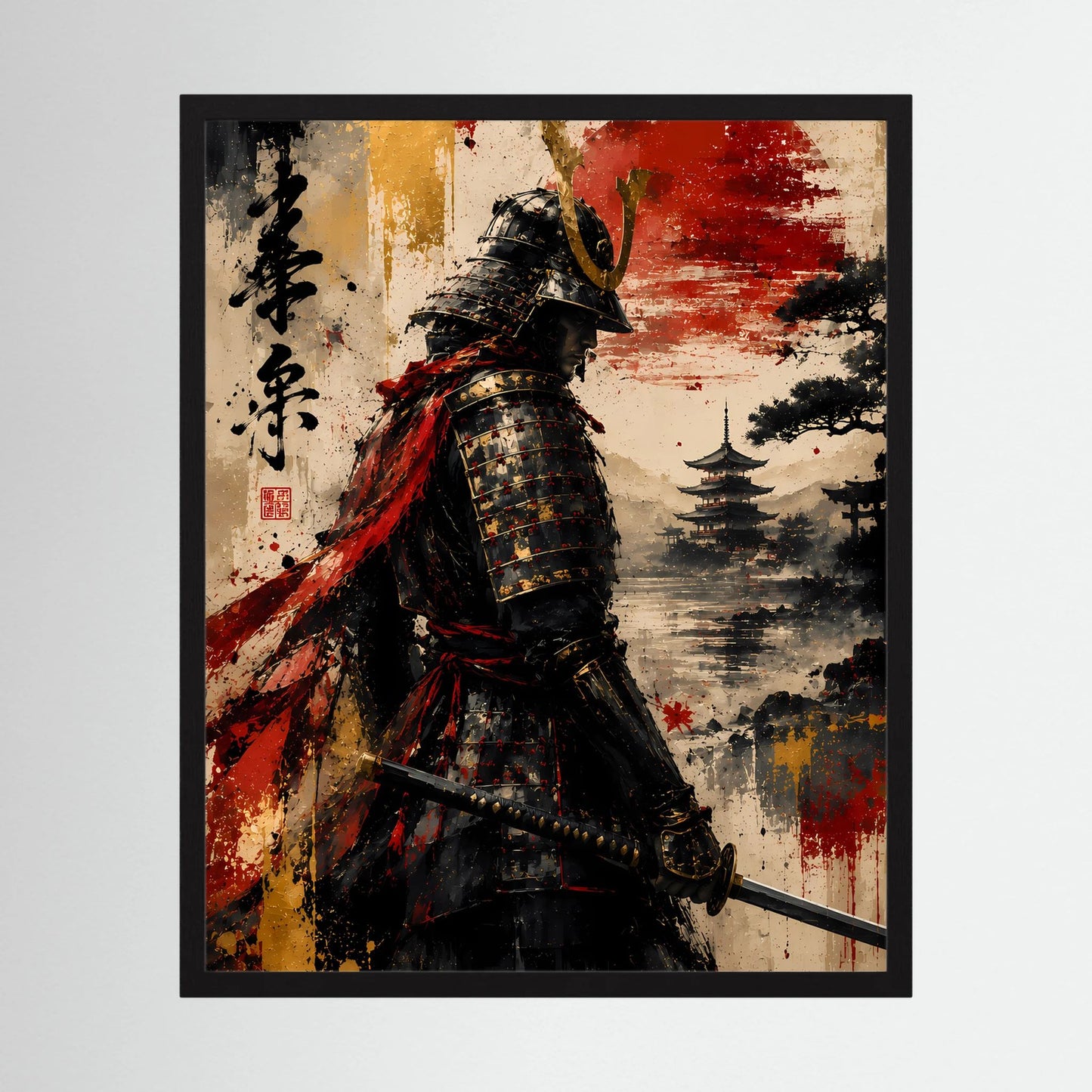 Gerahmtes Poster mit japanischem Krieger in Schwarz und Rot, schwarze Rahmenkante