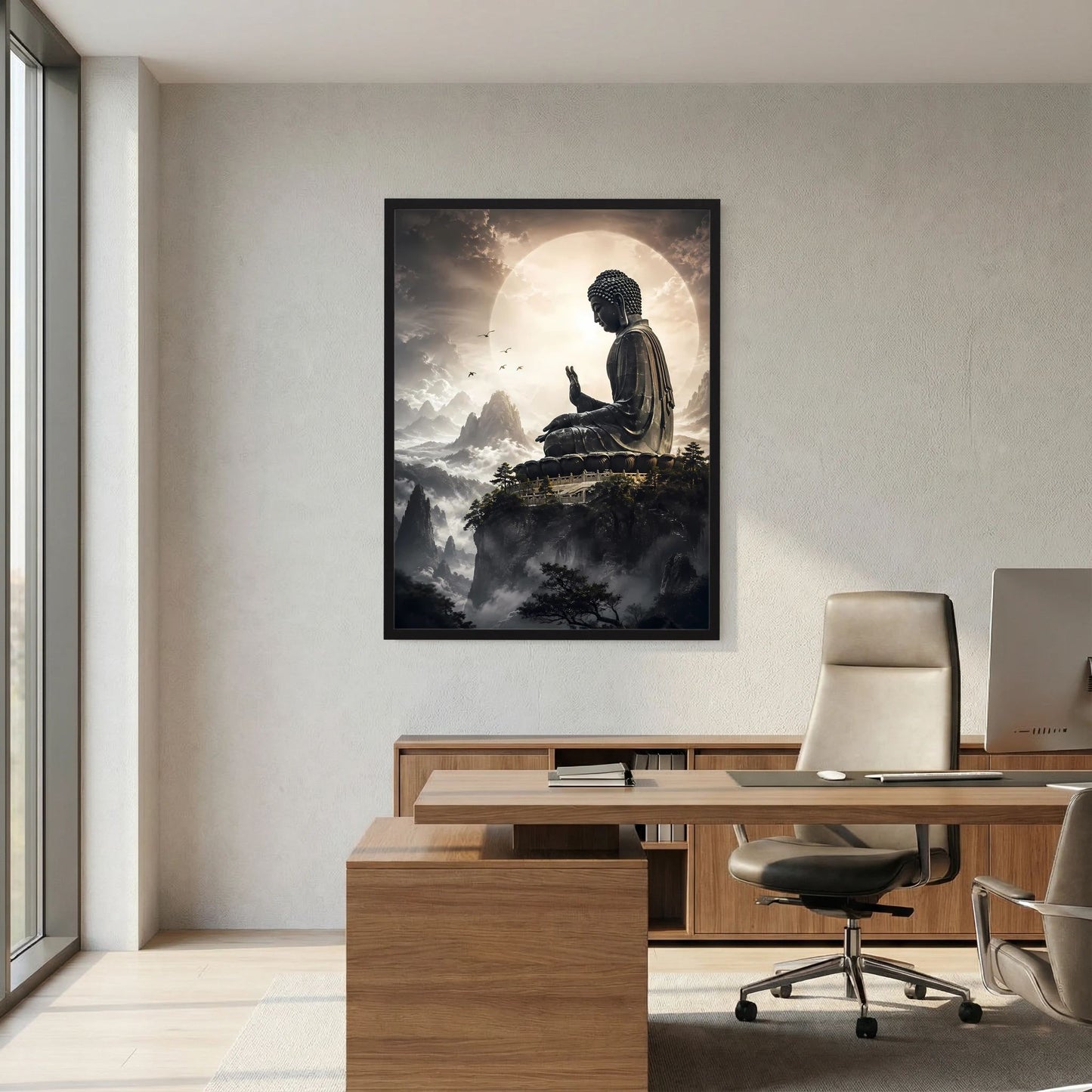 Hochformat-Poster mit Buddha in dunkler Silhouette vor nebligen Bergen und Wolken