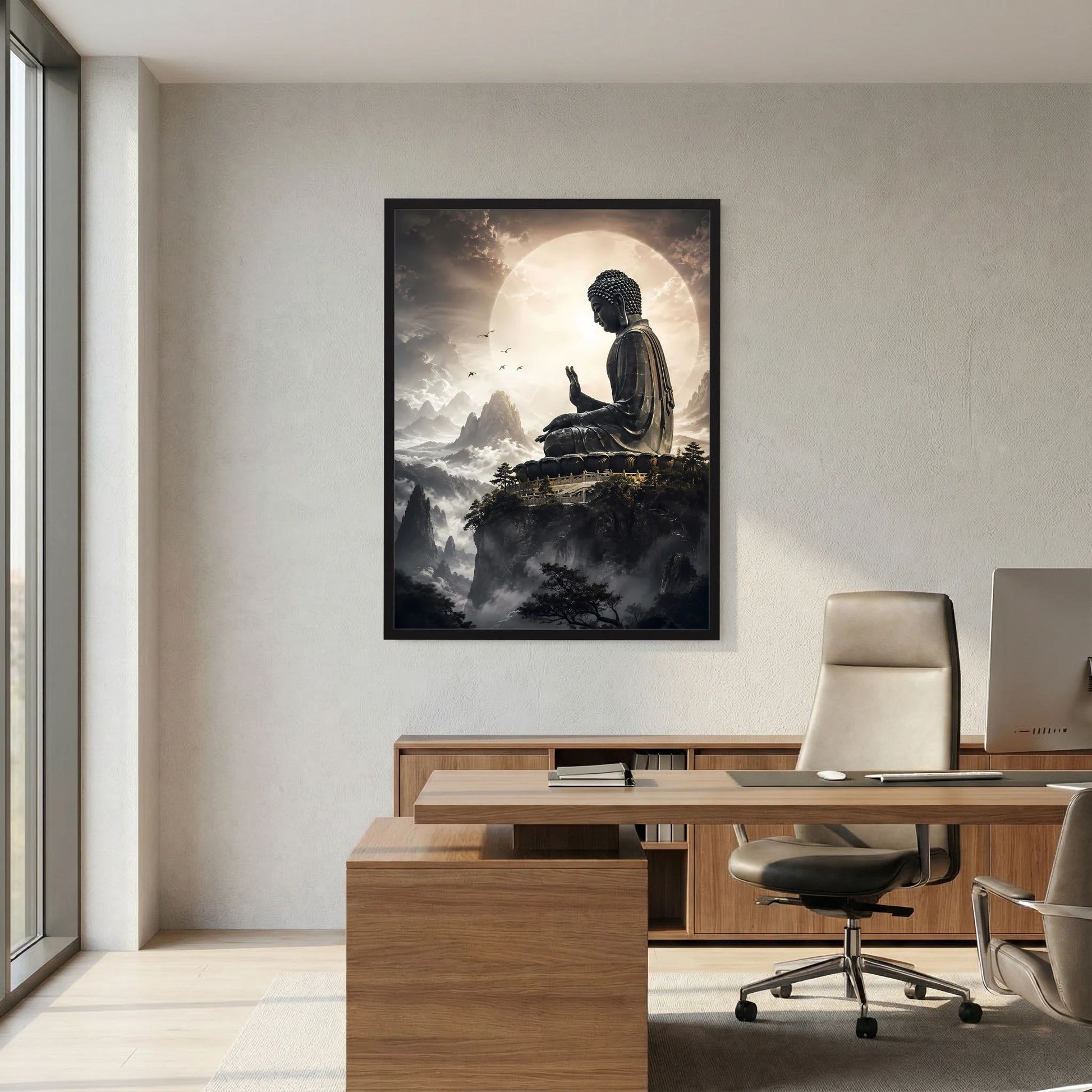 Hochformat-Poster mit Buddha in dunkler Silhouette vor nebligen Bergen und Wolken
