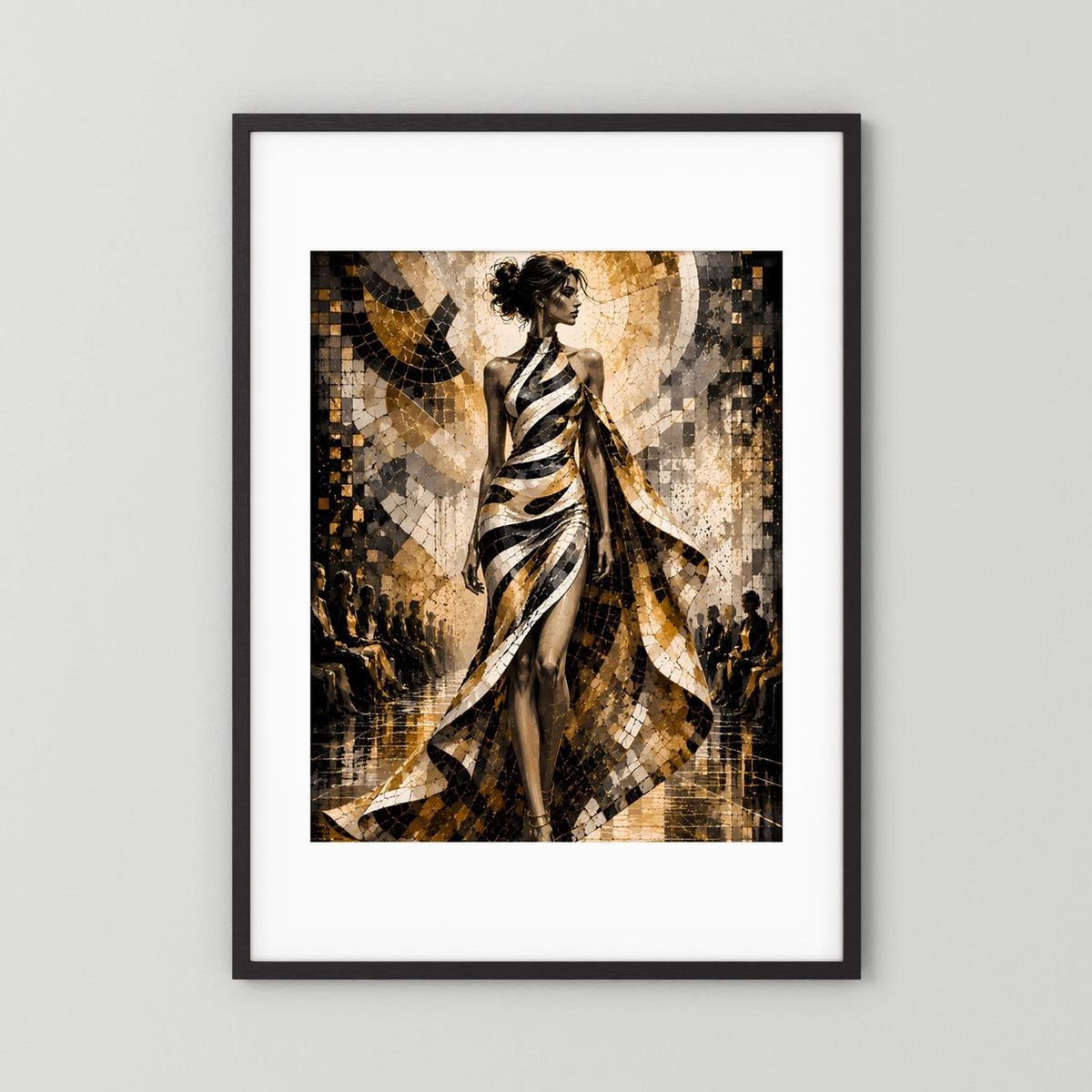 Gerahmtes Poster im Hochformat mit Frau im Schwarz-Weiß-Gold-Kleid, seitliche Pose